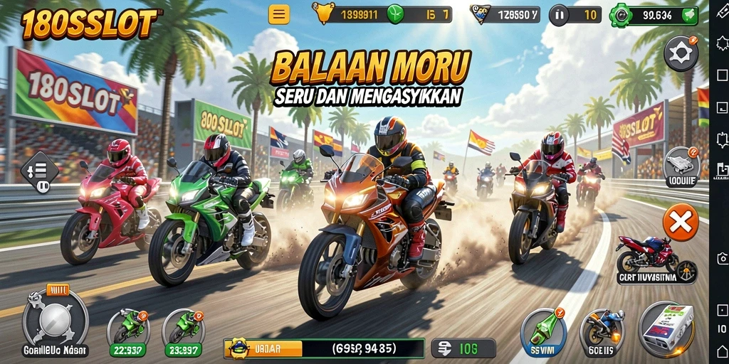 Screenshot gameplay <strong>180SLOT</strong> menampilkan balapan motor yang mendebarkan.