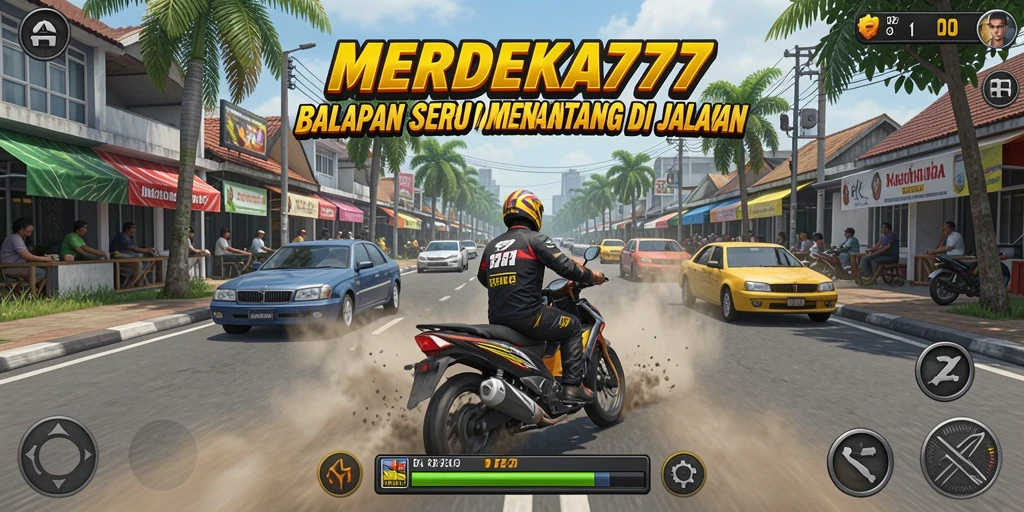 Screenshot utama MERDEKA777 menunjukkan aksi balapan seru di jalanan.